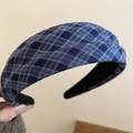 Detail of navy blue plaid fabric headband with anti-slip liner and thick texture - Dark Blue Grid