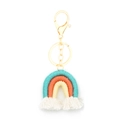 Handmade woven rainbow keychain with four-color cotton cord and golden alloy lobster clasp - Turquoise