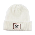 Classic creamy white ribbed knit beanie with vintage outdoor embroidered patch - White