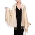 Elegant beige jacquard shawl wrap with fringe tassels worn over a black V-neck dress - Beige (T003-28)