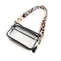 Close-up of clear PVC stadium bag with pink leopard strap and black tassel detail - Leopard Pink Strap + Black Tassel / Rainbow