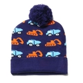 Navy blue winter beanie with knitted excavator patterns and matching soft pom-pom - Navy Blue