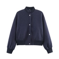 Classic dark blue tweed varsity jacket with silver metal snaps on a clean white background - XS / Navy Blue