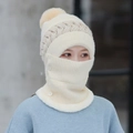 Winter knitted hood with scarf and earflaps in cream white with decorative pom-poms - Hat And Neck Warmer / Pro MAX - Beige