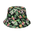 Detailed close-up of tropical pineapple and palm leaf print on a black bucket hat - Black Tropical Pineapple Floral Print (E)