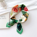 Green and white floral silk scarf featuring elegant french bulldog and flower patterns - Pink Flower Vase / 70x70cm