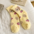Yellow coral fleece thermal sleep socks featuring cute bear and strawberry patterns - One Size / Yellow