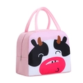 Portable pink lunch bag featuring a cute cow print with durable canvas and top handles - Pink Cow Cute Style