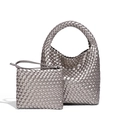 Silver hand-woven tote bag with matching zipper pouch and integrated cross-weave design - Silver Grey