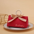 Red triangular wedding favor box with wooden ring handle and champagne ribbon - Red English Lettering + Champagne Gold Ribbon / Small Size (do Not Use Wooden Rings)