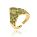 Macro shot of gold-plated triangle ring featuring micro-paved green gemstones - J-1407 Gold Triangle Green Zirconia Style