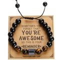 Handmade adjustable zebra stone and black bead bracelet on message card gift - Braided Matte Black Tiger Eye Style