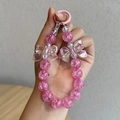 Pink beaded keychain with crackle beads and iridescent bows for phones and bags - Pink Bow Combo