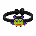 Detail of black textured PVC bracelet featuring a cute green and purple cartoon bat charm - Black Bat