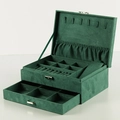 Dark green velvet jewelry box with double-layer drawer and storage compartments - Double Layer Drawer / Dark Green