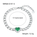 Pulsera de cadena cubana de acero plateado con una piedra preciosa de corazón verde - 17.5cm+3cm Cadena de extensión / Plata/Circonita Verde
