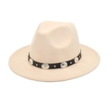 Detail view of the beige wool felt hat featuring a black leather band with silver studs - M (56-58cm) / Beige