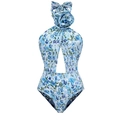 Lichtblauwe bloemen eendelig badpak met 3D roos detail en uitsnijding - S / Halter badpak uit één stuk