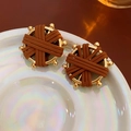 Minimalist C-shape stripe stud earrings featuring gold metal and brown braided leather - Round (5# Steel Needle-Gold-Coffee-Round) / Brown