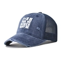 Denim blue trucker hat with Fish Fear Me slogan and distressed mesh back for outdoors - Adjustable / Navy Blue