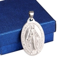 Silver stainless steel oval pendant with Virgin Mary engraving on blue jewelry box - 3*4.5cm / Steel