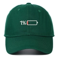 Close-up of 1% low battery embroidery on dark green cotton twill baseball cap - Adjustable / Dark Green