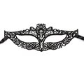 Macro shot of detailed black lace eye mask with intricate floral patterns and silk ribbons - Cat Head