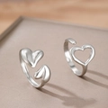 Asymmetric hollow and solid heart-shaped adjustable silver stainless steel rings - Solid Double Heart / Hollow Heart / Silver