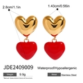 Macro detail of red heart drop earrings with size specs and waterproof stainless steel label - Gold & Red Heart Dangle(JDE2409009)