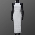 Close-up of white halter neck maxi dress featuring unique crinkled pleated fabric texture - XS / White