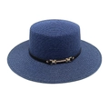 Chapeau canotier en paille bleu marine avec ruban noir et boucle dorée élégante - Bleu marine