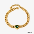 Gold chunky Cuban chain bracelet featuring a green heart-shaped zircon gemstone - Gold Bracelet + Green Zirconia (SBK214)