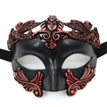 Black matte masquerade half-mask with metallic red Greek Roman scroll patterns - Roman - Red