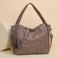 Brown soft leather tote bag with quilted diamond pattern and fringe tassel detail - Khaki
