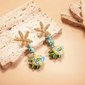 Detail of beach style starfish earrings with turquoise beads and striped tropical fish - Stainless Steel Pin Blue Fish