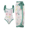 Bikini-Set mit Blumenmuster, passendem Wickelrock und grünen Satin-Trägern - S / Oberteil Und Unterteil / Rosa Blumenserie