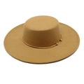 Close-up of a camel flat-top wool felt hat featuring a decorative gold metal ring detail - M (56-58cm) / Camel