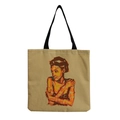 Detail of artistic woman portrait print on reusable beige canvas tote bag with black handles - Abstract Style-Afro Lady Portrait-Pixel Cubism