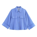 Women's casual blue and white vertical striped loose long-sleeve shirt with lapel collar - XS / Blue and White Stripes