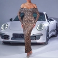 Elegantes Maxikleid mit Leopardenmuster, schulterfrei, Langarm und Raffungen für Damen - S / Leopardenmuster