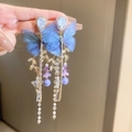 Elegant blue mesh butterfly tassel earrings with crystal teardrops and pearls for women - 53# Gold Tulle Butterfly Wing