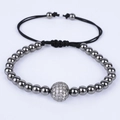 Handwoven copper bead bracelet in gunmetal grey finish with white zircon ball - 10mm Micro Pave Ball / Black + White Zircon