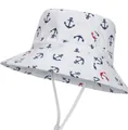 Children's white bucket hat featuring blue and red anchor print with adjustable chin strap - Sea Cat / 54cm
