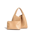 Handwoven light camel tote bag with matching leather clutch and textured weave design - Apricot