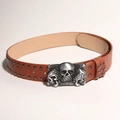 Brown leather punk belt with triple skull buckle and double rows of black metal rivets - Triple Skull Buckle Rivet Style / Brown