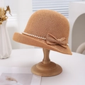 Chapeau de soleil tricoté kaki élégant avec chaîne de perles et nœud pour femme - Couleur caramel