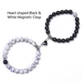 Bracelets de couple en turquoise blanche et pierre noire avec fermoir cœur magnétique - Cœur Noir et Blanc - Turquoise Blanche et Dépolie