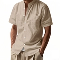 Men's casual linen short sleeve shirt in light khaki color with buttoned henley neck - Light Khaki