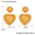 Detail view of heart-shaped steel earrings with dimensions 4.1cm by 2.6cm and weight specs - Golden Heart Style (F1379)