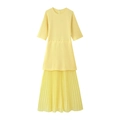 Short sleeve yellow pleated dress with round neck for women on white background - S / Yellow